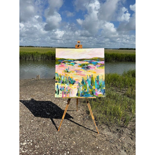 Abstract coastal painting by Charleston artist Pamela Wingard.. 36" x 36". Gallery depth canvas with sides painted. Wired,...
