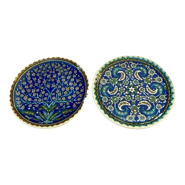 Pair of 1950s Turkish Azim Cini Hand Painted Chargers For Sale