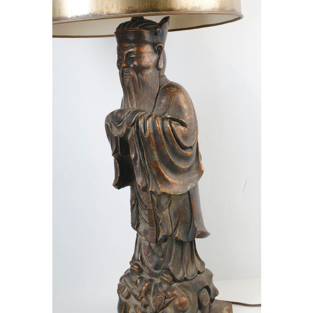 Vintage James Mont Style Confucius Figural Table Lamp | Hollywood Regency Asian Sculpture 40” For Sale - Image 4 of 11