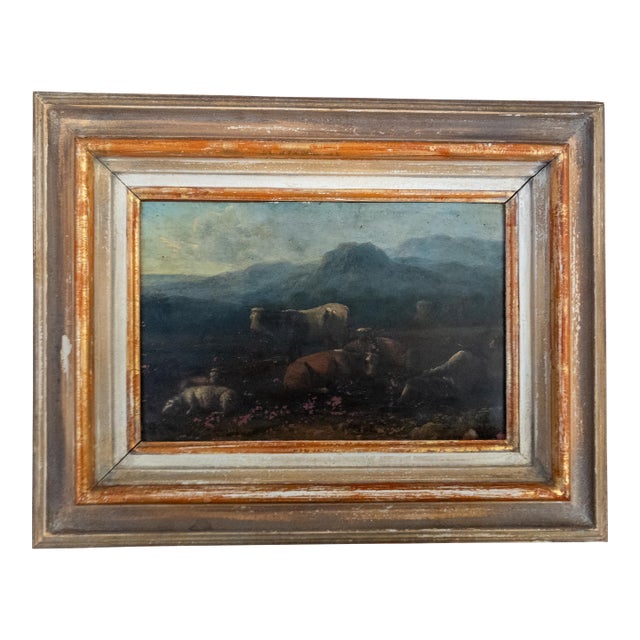 19th Century Grand Tour Old Master Landscape Oil on Copper Painting of Cows and Sheep With Shepherd For Sale