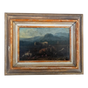 19th Century Grand Tour Old Master Landscape Oil on Copper Painting of Cows and Sheep With Shepherd