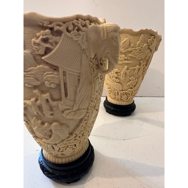 Beige Pair of Carved Composite Elephant Vases on Black Bases For Sale - Image 8 of 10