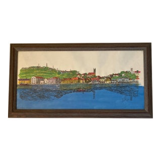 1980s Michael Donelan Watercolor "Grenada Seaside" — Panoramic Dark Wood Frame For Sale