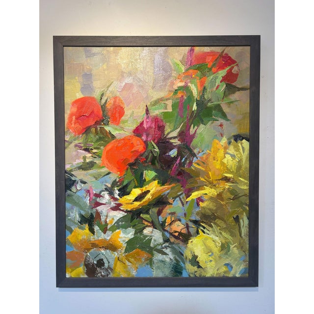 In "Sunflowers II," vibrant sunflowers and bold red blooms intertwine, creating a dynamic composition that bursts with...
