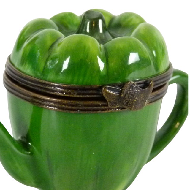 Limoges France Porcelain Green Pepper Tepot Trinket Box | Hand Painted by Jd Artisan Decorating Studio For Sale - Image 10 of 10