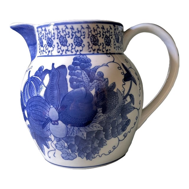 Vintage Blue & White Ceramic Pitcher For Sale