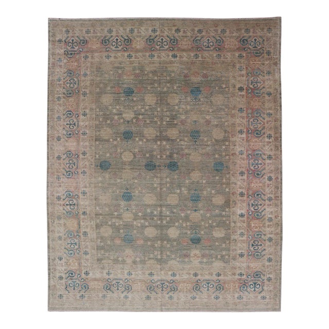 Large Modern Tribal Khotan Rug in Shades of Cream Green Blue and Coral For Sale