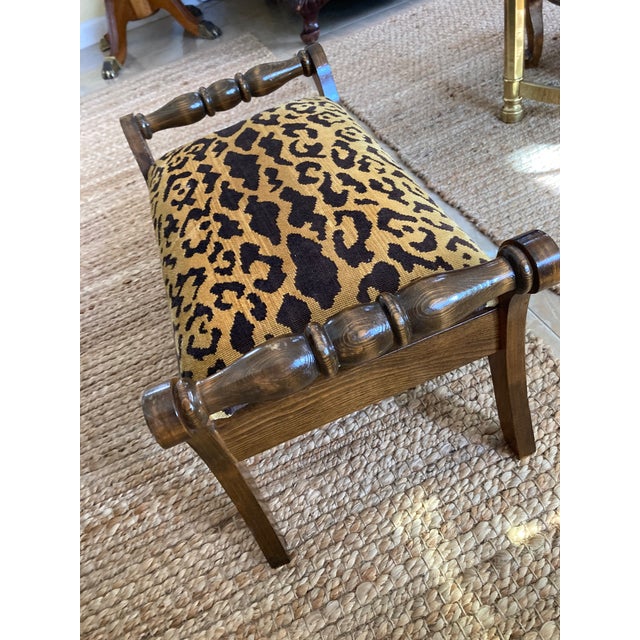 1980s 1980s Vintage Oak Footstool Scalamandre Leopardo For Sale - Image 5 of 9