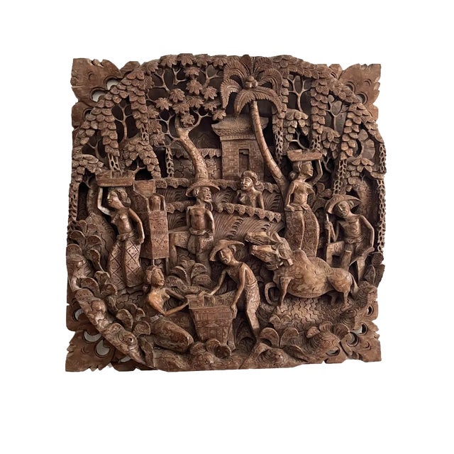 Vintage Balinese Panel in Hand-Worked Beech, 1993 For Sale