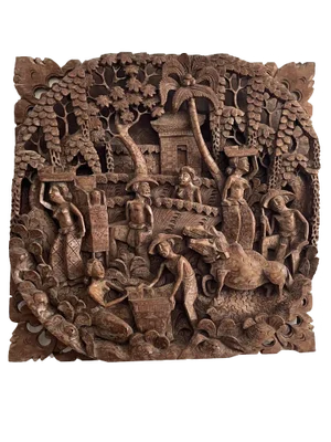 Vintage Balinese Panel in Hand-Worked Beech, 1993