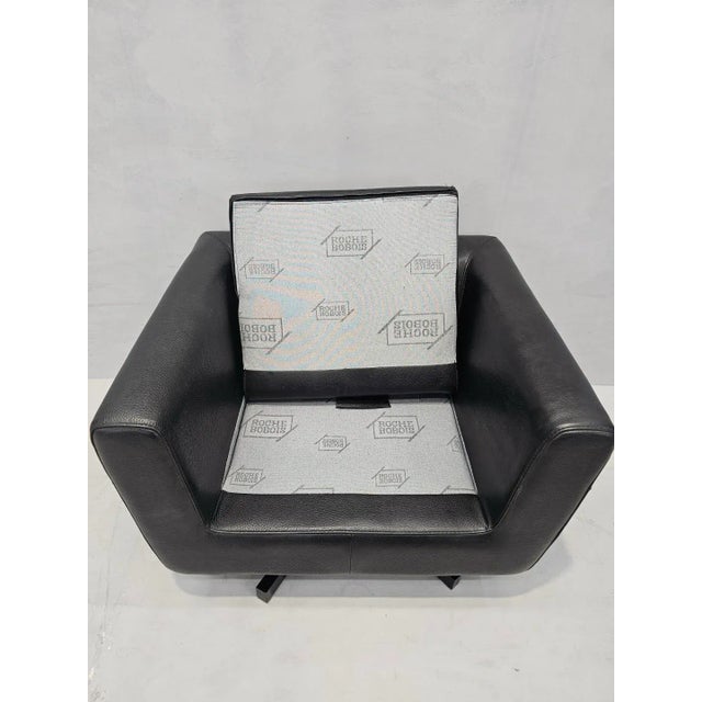 Roche Bobois Mid Century Modern Roche Bobois Swivel Lounge Chair in Black Leather For Sale - Image 4 of 10