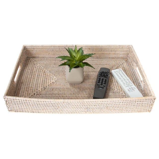 Boho Chic Artifacts Rattan Rectangular Tray With Cutout Handles, White Wash, 20" For Sale - Image 3 of 6
