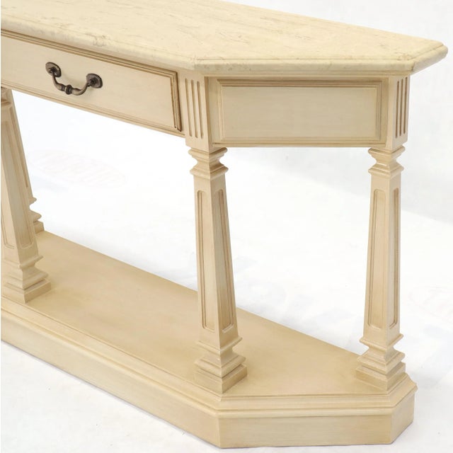 Ethan Allen White Wash Finish One Drawer Wrap Around Shape Marble Top Console For Sale - Image 4 of 13
