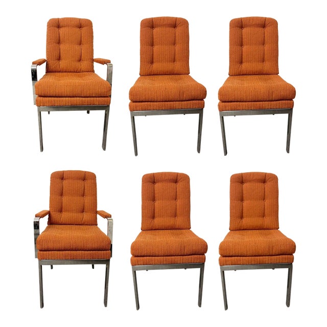 6 Chrome Base Milo Baughman Style Dining Chairs, Mid Century Modern For Sale