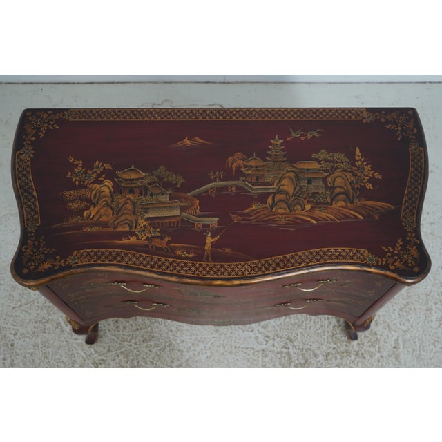 Red & Gold Chinoiserie Serpentine 2 Drawer Commode Dresser For Sale In Philadelphia - Image 6 of 16