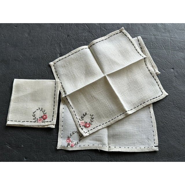 Vintage Handmade Linen Cocktail Napkins With Floral Hand Embroidery Detail Set of 4 For Sale - Image 10 of 12
