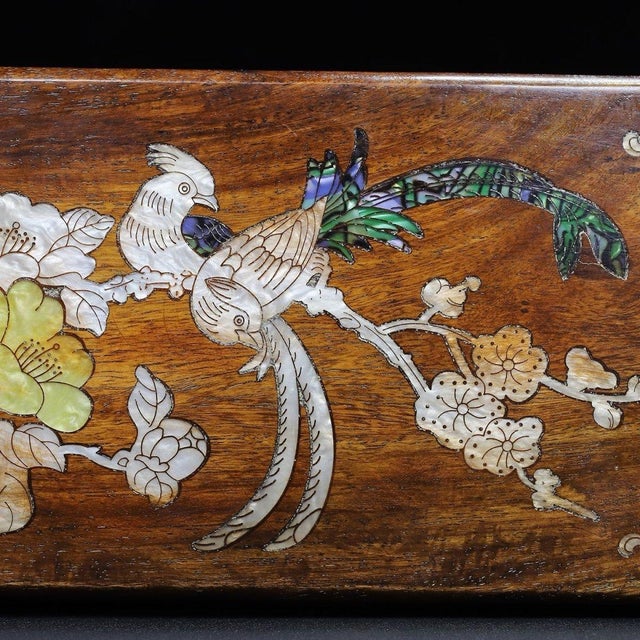 Brown Huali Rosewood Box Inlaid With Mother-of-Pearl Bird Motif For Sale - Image 8 of 10