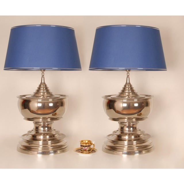 Vintage Chrome Table Lamps Tall Silver and Royal Blue Modern Vase Lamps Set of 2 For Sale - Image 10 of 11