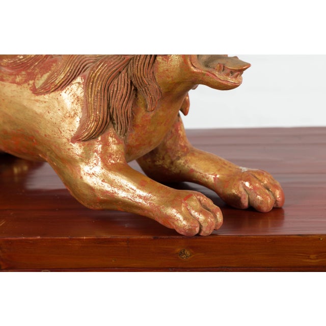 Vintage Thai Gilded and Carved Wooden Mythical Creature with Red Undertone For Sale - Image 9 of 12