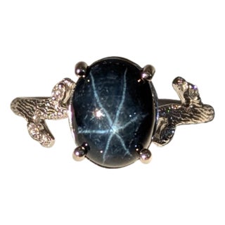 3.7ct Star Sapphire Ring With Natural Diamond Accents: Solid 14k Gold, 10x8mm, Size 6.75 For Sale