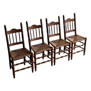 Vintage Country Oak Rush-Seat Dining Chairs, Set of 4 For Sale