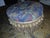 Wood Vintage Blue Floral Paisley Ottoman Foot Stool With Tapestry Upholstery and Gold Tassel Fringe. For Sale - Image 7 of 8