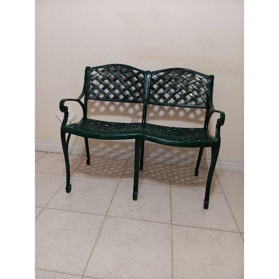 Metal Vintage Cast Iron Patio Bench Lattice Design Green Mid Century Modern For Sale - Image 7 of 14