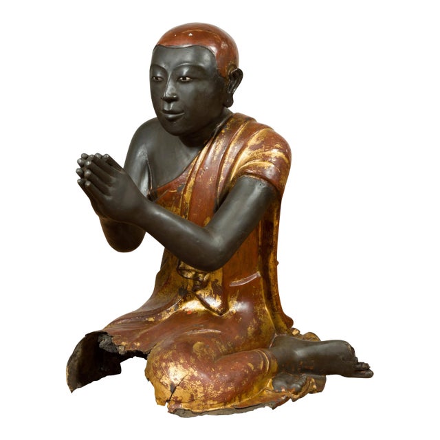 Mid 19th Century Thai Kneeling Ceremonial Temple Monk Lacquered and Gilt Sculpture For Sale
