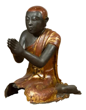 Mid 19th Century Thai Kneeling Ceremonial Temple Monk Lacquered and Gilt Sculpture
