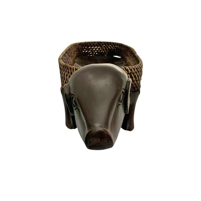 Late 20th Century Pig Serving Tray Carved Wood With Wicker Rim Vintage French Country Decor For Sale - Image 5 of 9