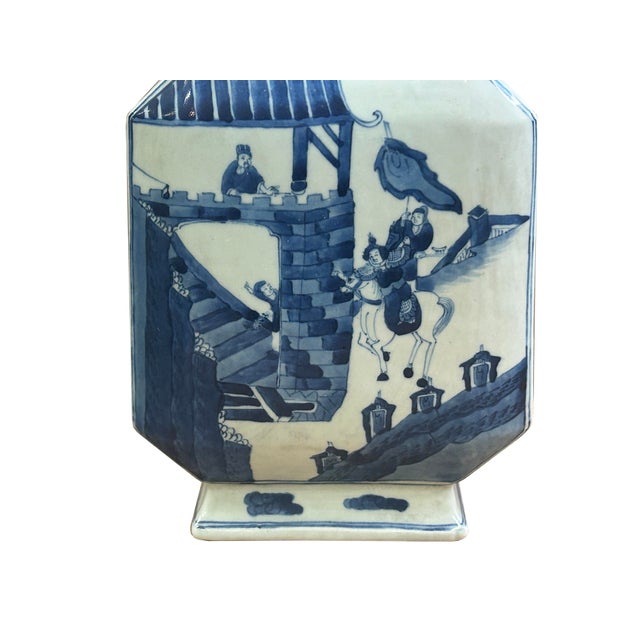 1990s Chinese Blue White Porcelain Hexagonal Figural Graphic Art Vase For Sale - Image 5 of 15