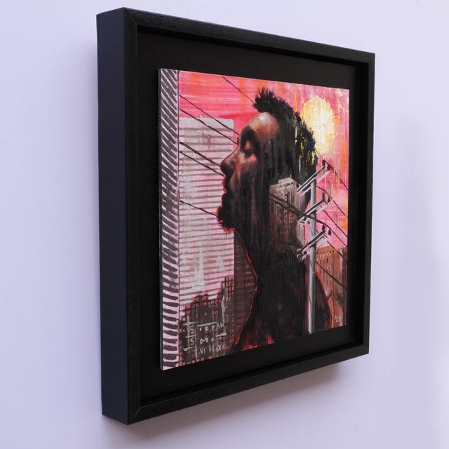 This artwork presents a striking profile of a figure, immersed in a rich interplay of colors and textures. The bold,...