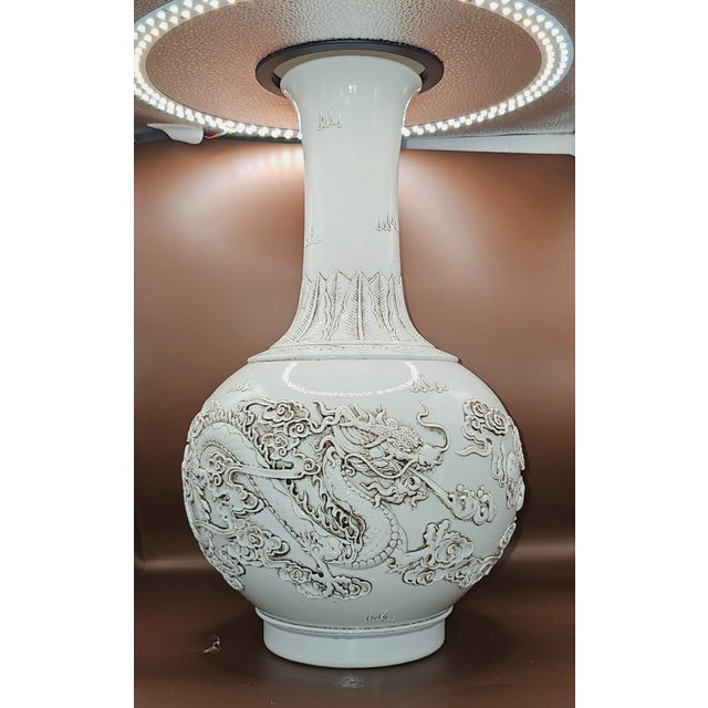 Wang Bingrong Signed Amazing White Glaze Chinese Large Vase with Dragons Antique 14.75"H x 9"D