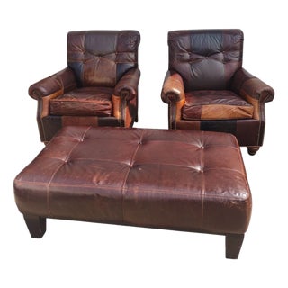 1980s Stunning 3-Piece Seating Set: Paul Robert Patchwork Leather Club Chairs & Pottery Barn Ottoman For Sale
