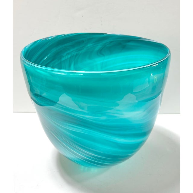 Glass Hand Blown Turquoise Swirl Art Glass Ice Bucket or Cachepot For Sale - Image 7 of 8