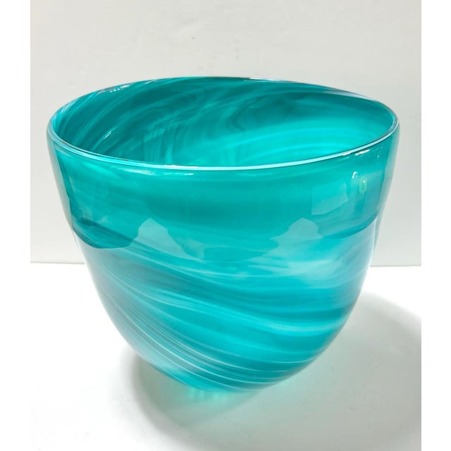 Glass Large Hand-Blown Turquoise Swirl Art Glass Bowl or Cachepot For Sale - Image 7 of 8