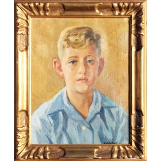 Hans Christian Barenholdt Figurative Yellow and Blue-Toned Realistic Impressionist Portrait of a Boy, 1940s For Sale