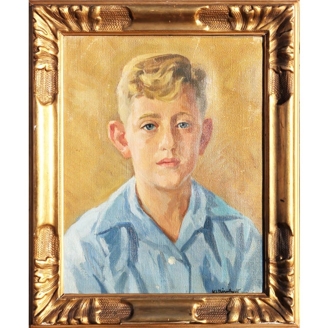 Hans Christian Barenholdt Figurative Yellow and Blue-Toned Realistic Impressionist Portrait of a Boy, 1940s For Sale