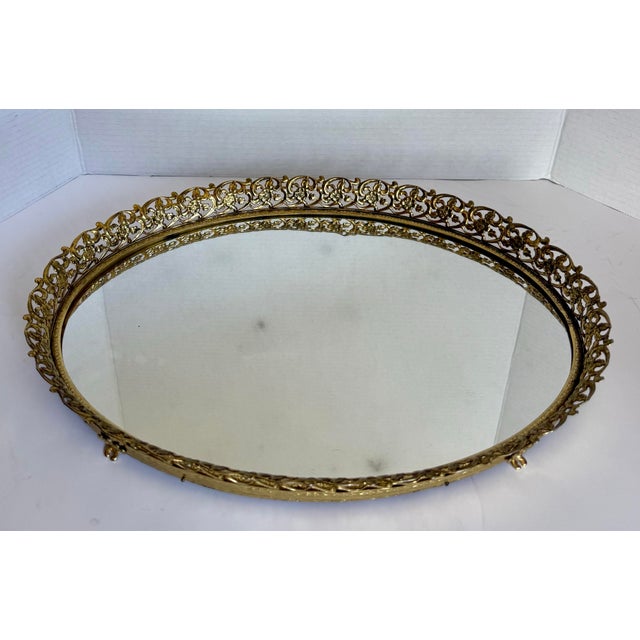 Vintage Hollywood Regency Gold Filigree Vanity Tray Mirror, Oval Ormolu Style Dresser Tray For Sale In Los Angeles - Image 6 of 11