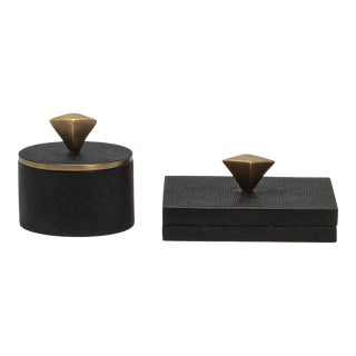 Set of 2 Boxes in Black Shagreen With Bronze Patina Brass Knob by Kifu Paris For Sale