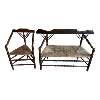 Vintage Dutch Wicker Wooden Armchair and Sofa, 1920s, Set of 2 For Sale