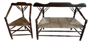 Vintage Dutch Wicker Wooden Armchair and Sofa, 1920s, Set of 2