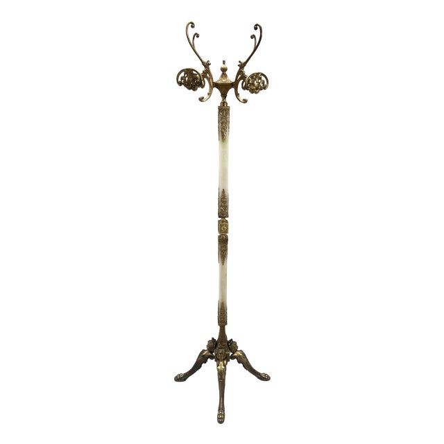 Vintage Italian Onyx Marble and Brass Hall Coat Rack with Rotating Crown and Sculptural Base, 1960s For Sale