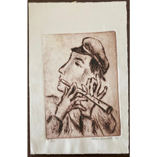Paint Boris Deutsch, Shtetl Village Doodka Player Judaica Jewish California Modernist Artist Etching, 1970 For Sale - Image 7 of 7