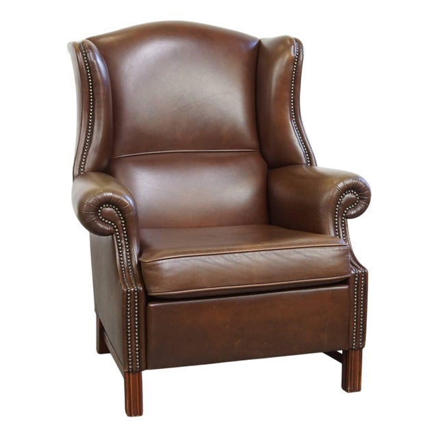 Large English Dark Brown Smooth Cow Leather Chesterfield Wing Chair For Sale