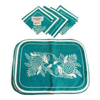 Vintage Mid Century Batik Danar Hadi Teal Tiki Pineapple Placemat & Napkin Set - Set of 12 For Sale