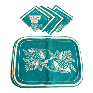 Vintage Mid Century Batik Danar Hadi Teal Tiki Pineapple Placemat & Napkin Set - Set of 12