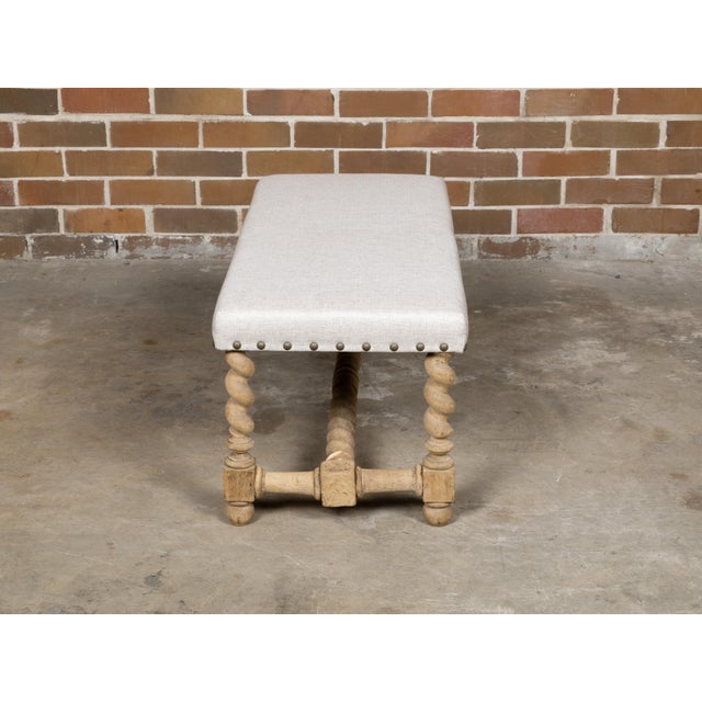 English 1900s Bleached Wood Bench with Barley Twist Base and Custom Upholstery For Sale In Atlanta - Image 6 of 12