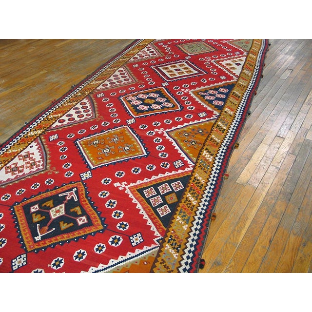 Beautiful Red Color With Diamond in the Vertical Center Pattern Antique Persian Ghashgaie Flat-Weave Rug For Sale - Image 4 of 7