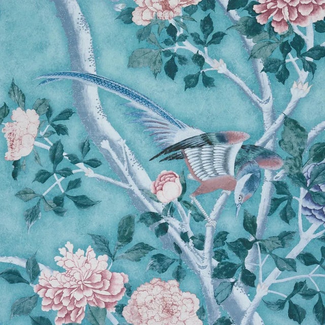 Schumacher SAMPLE - Schumacher x Mary McDonald Les Oiseaux Panel Set In Blue Turquoise For Sale - Image 4 of 7